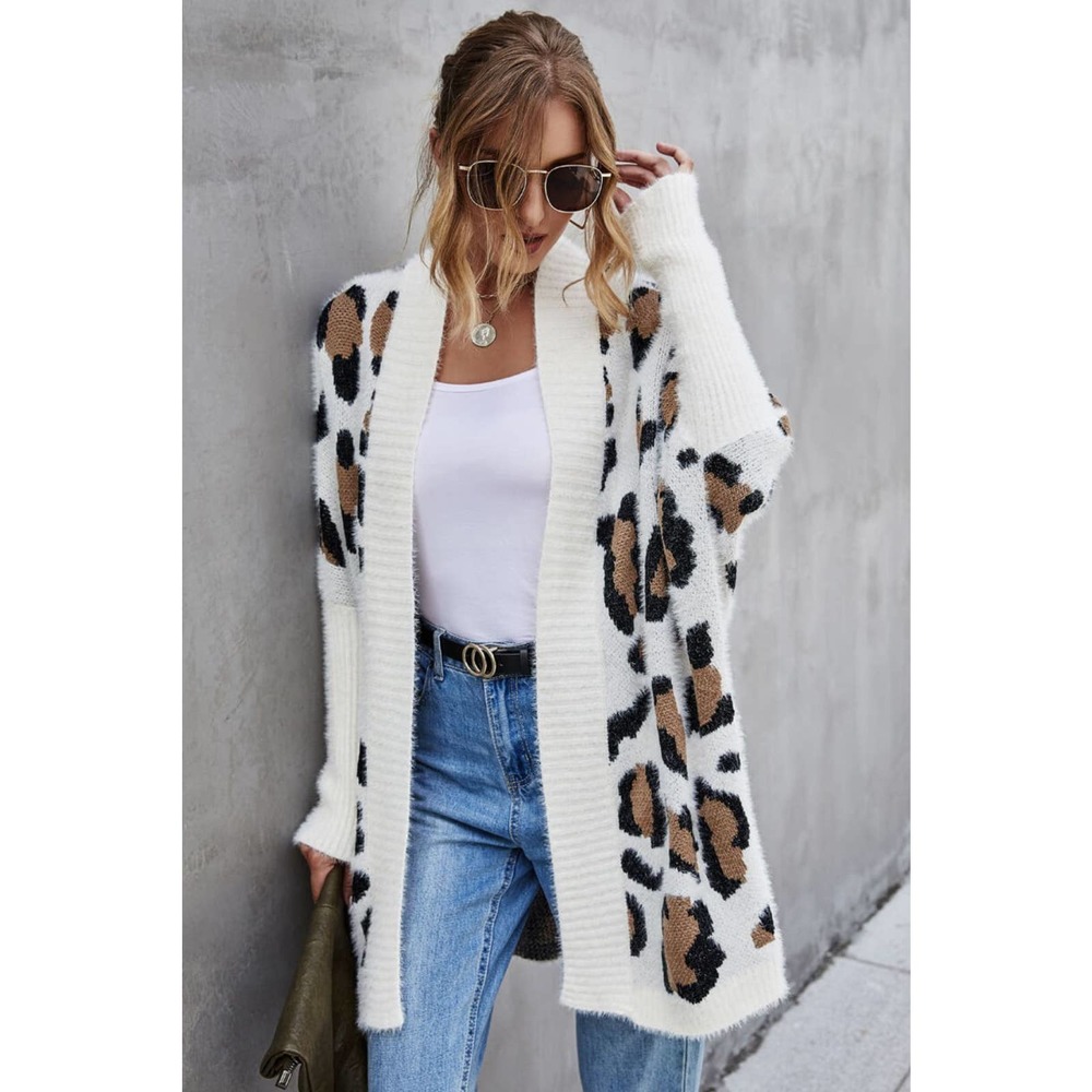 Leopard Batwing Sleeve Open Front Cardigan